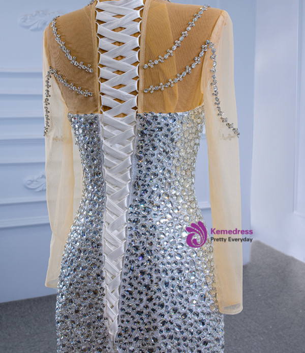 White Mermaid Long Sleeve Tulle Crystal Beading Wedding Dress