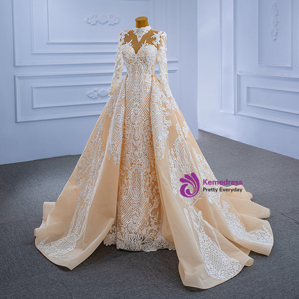 Champagne Mermaid Lace Long Sleeve Wedding Dress With Detachable Train