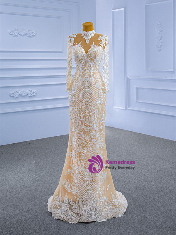 Champagne Mermaid Lace Long Sleeve Wedding Dress With Detachable Train