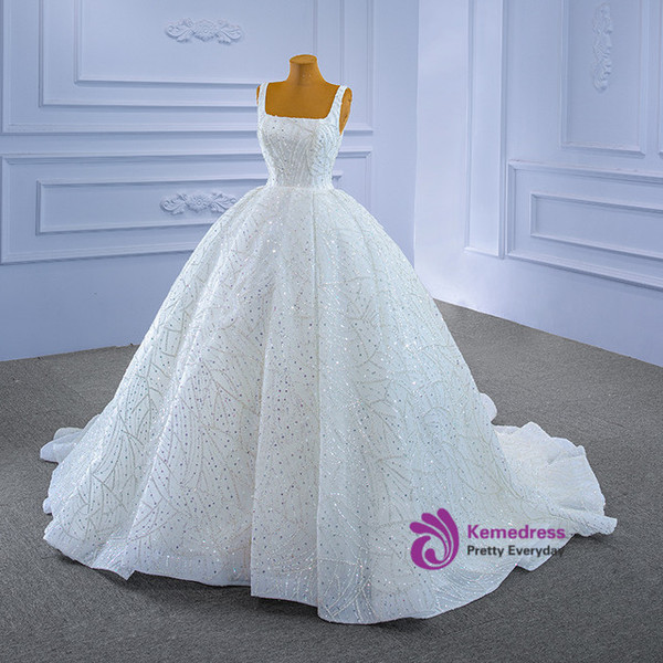 White Straps Tulle Sequins Beading Wedding Dress