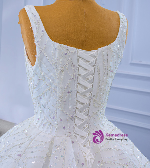 White Straps Tulle Sequins Beading Wedding Dress