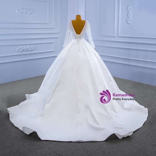 White Satin Long Sleeve V-neck Backless Wedding Dress
