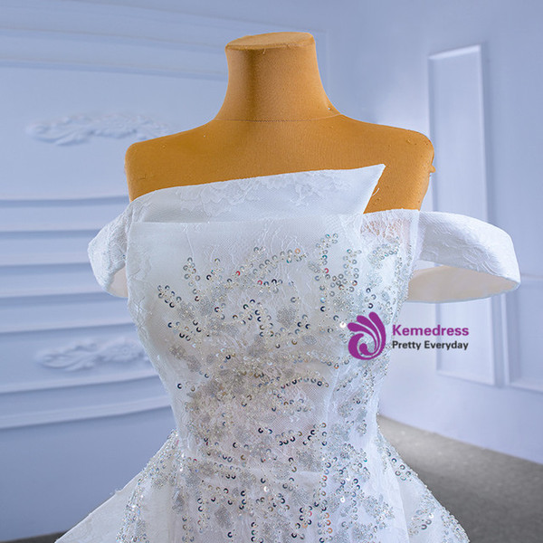 White Lace Beading Sequins Wedding Dress