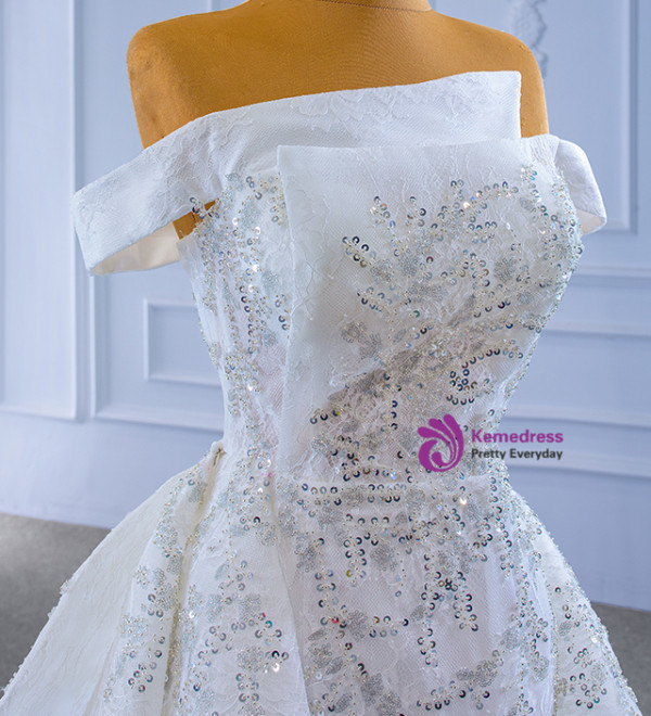White Lace Beading Sequins Wedding Dress