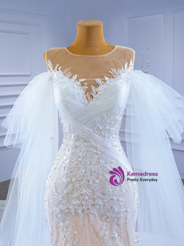 White Mermaid Tulle Appliques Pearls Wedding Dress