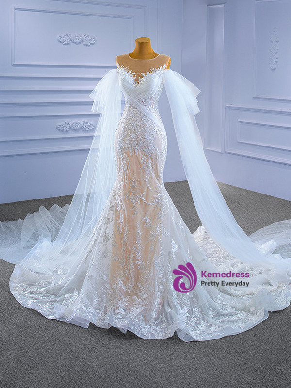 White Mermaid Tulle Appliques Pearls Wedding Dress