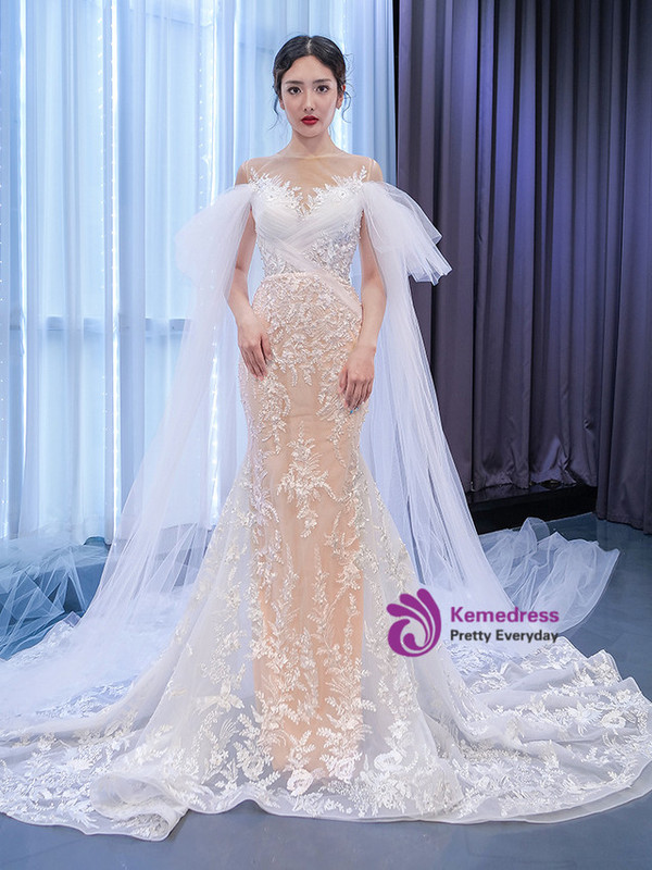 White Mermaid Tulle Appliques Pearls Wedding Dress