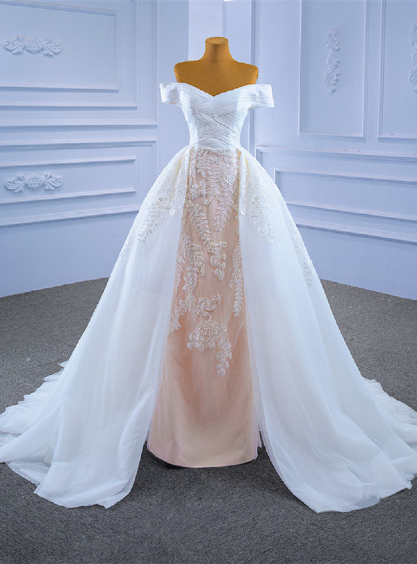 White Tulle Appliques Off the Shoulder Wedding Dress
