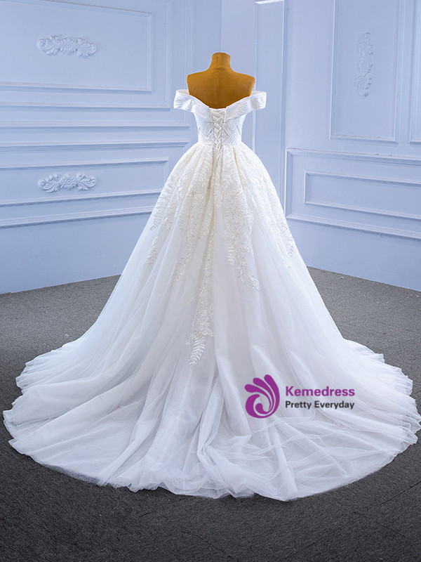 White Tulle Appliques Off the Shoulder Wedding Dress