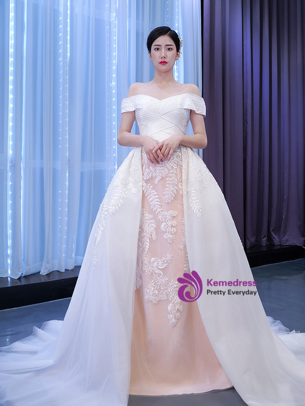 White Tulle Appliques Off the Shoulder Wedding Dress