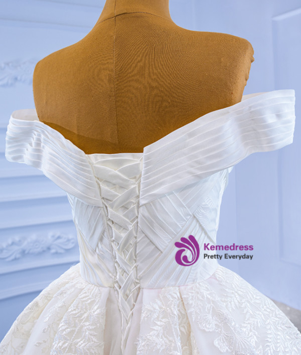 White Tulle Appliques Off the Shoulder Wedding Dress