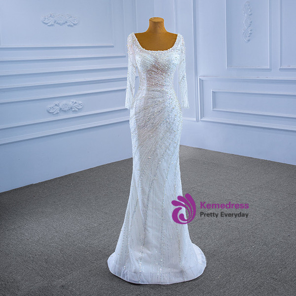 White Mermaid Sequins Square Wedding Dress With Detachable Train