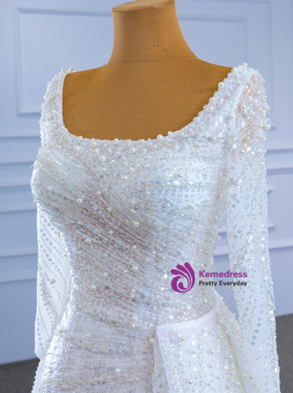 White Mermaid Sequins Square Wedding Dress With Detachable Train