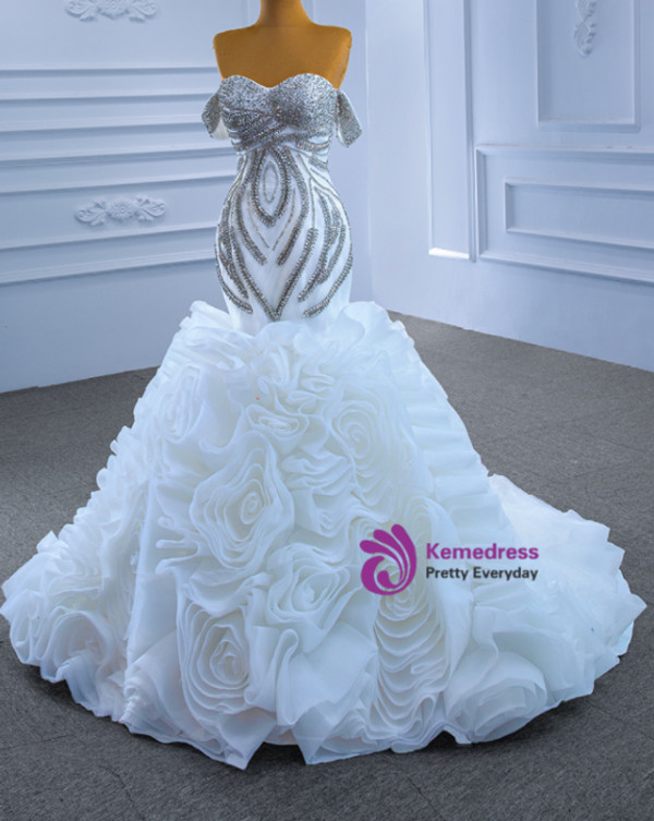 Luxury White Mermaid Beading Crystal Wedding Dress