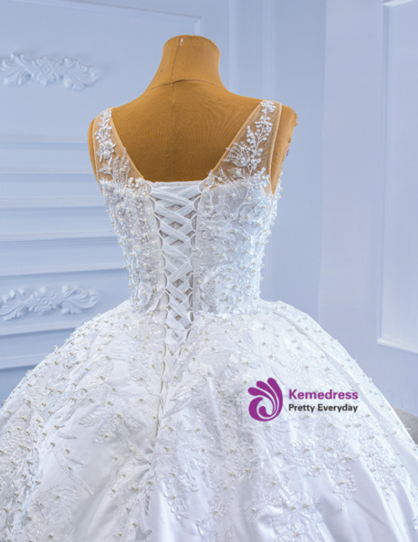 White Satin Lace Appliques Pearls Wedding Dress
