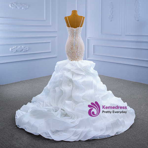 White Mermaid Spaghetti Straps Appliques Beading Wedding Dress