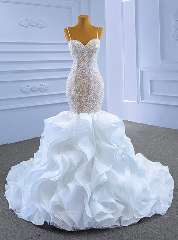 White Mermaid Spaghetti Straps Appliques Beading Wedding Dress