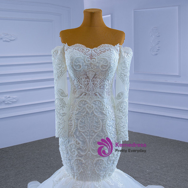 White Mermaid Long Sleeve Beading Wedding Dress