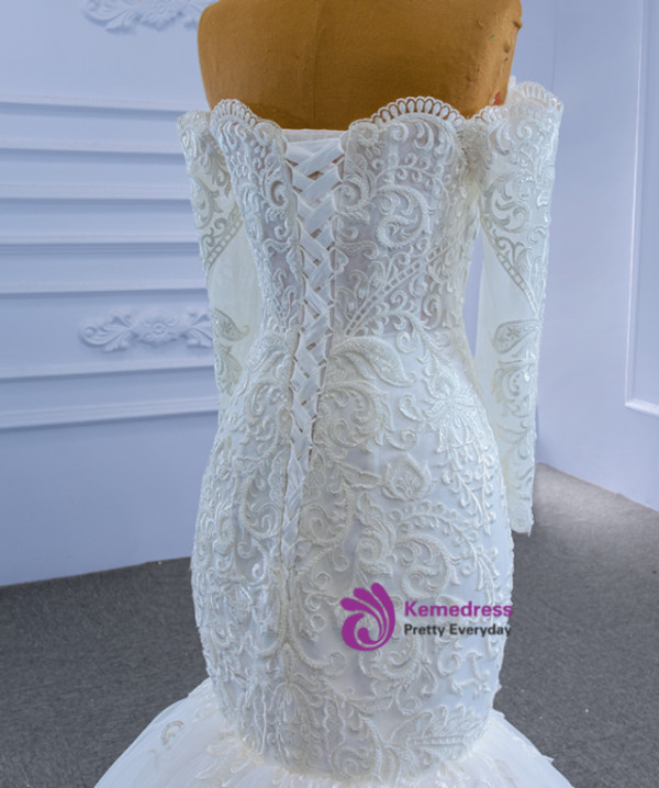 White Mermaid Long Sleeve Beading Wedding Dress