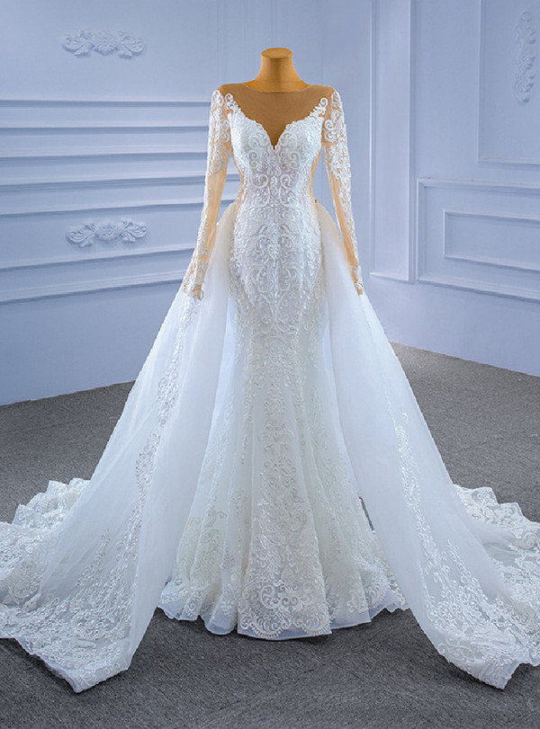 White Tulle Lace Long Sleeve Wedding Dress With Detachable Train