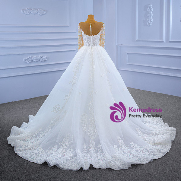 White Tulle Lace Long Sleeve Wedding Dress With Detachable Train