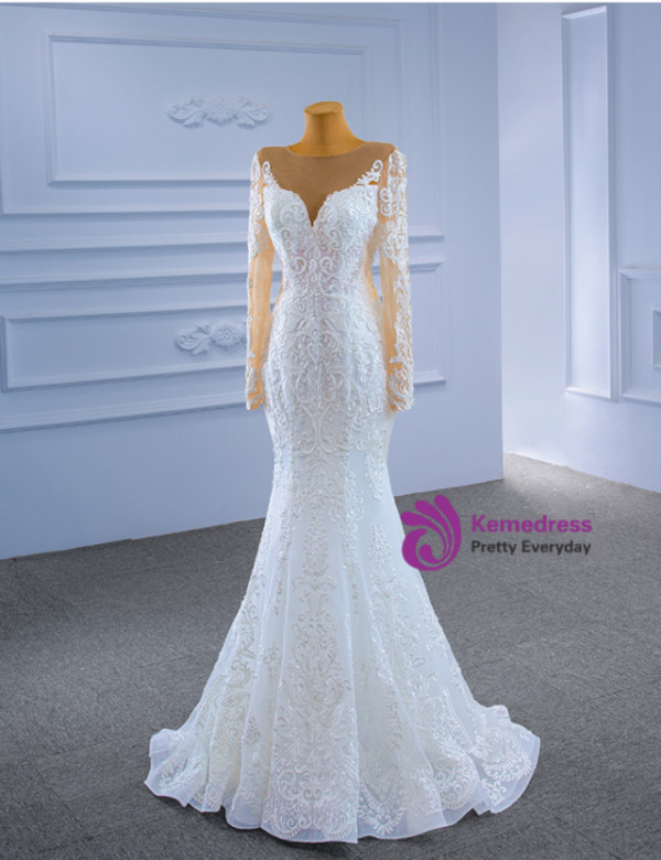 White Tulle Lace Long Sleeve Wedding Dress With Detachable Train