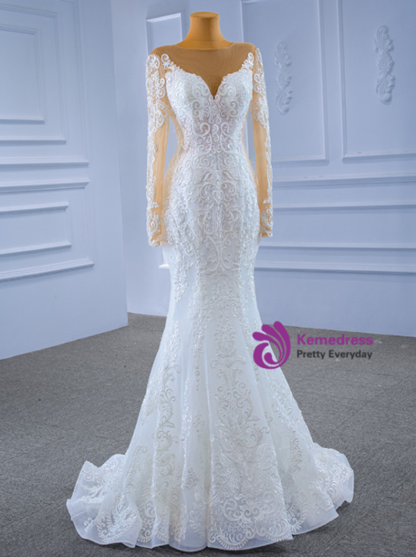 White Tulle Lace Long Sleeve Wedding Dress With Detachable Train