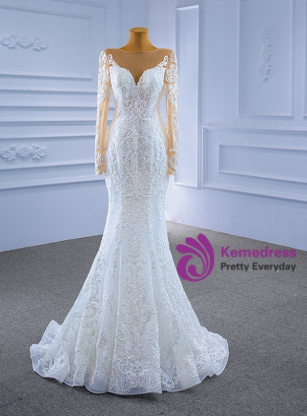 White Tulle Lace Long Sleeve Wedding Dress With Detachable Train
