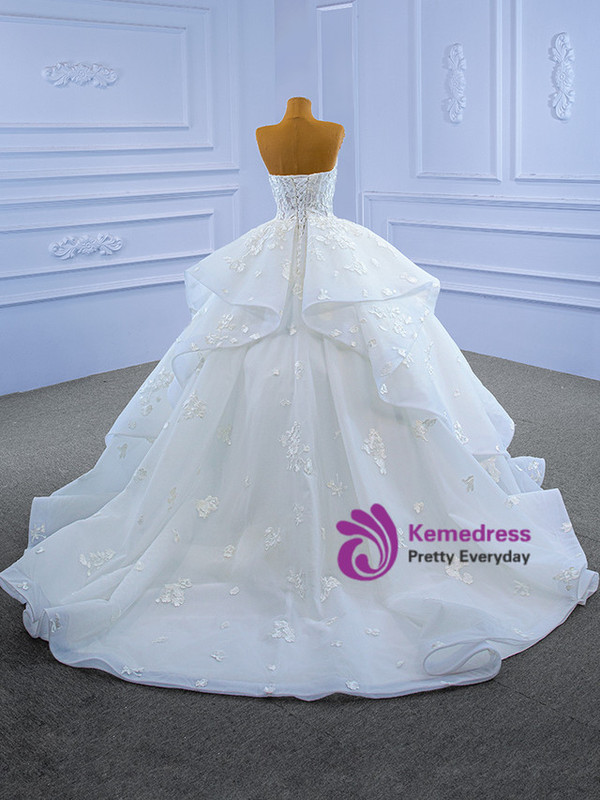 White Tulle Sweetheart Lace Appliques Wedding Dress