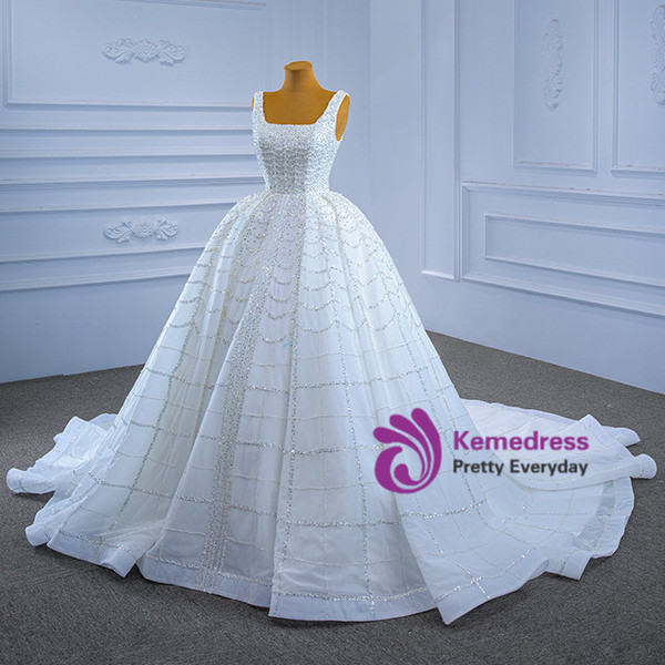 White Ball Gown Tulle Sequins Beading Straps Wedding Dress