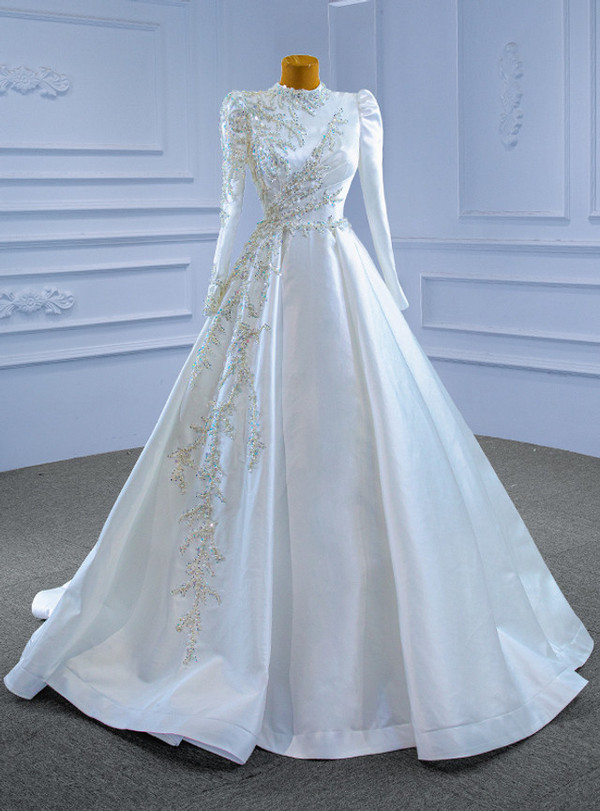 White Satin Long Sleeve Sequins Beading Wedding Dress