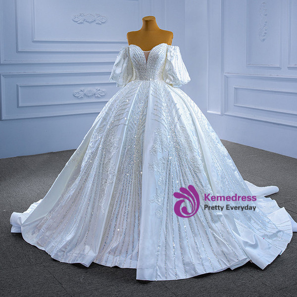White Satin Puff Sleeve Beading Sequins Off the Shoulder Wedding Dress