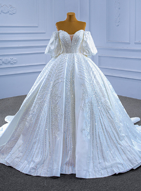 White Satin Puff Sleeve Beading Sequins Off the Shoulder Wedding Dress