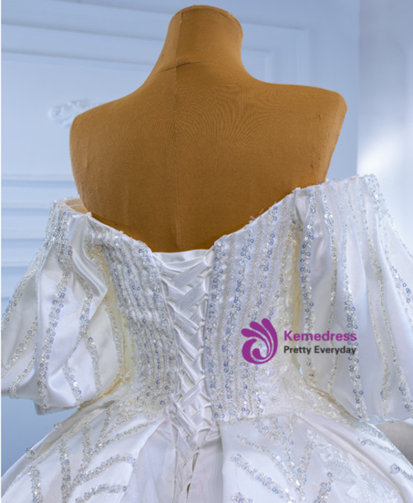 White Satin Puff Sleeve Beading Sequins Off the Shoulder Wedding Dress