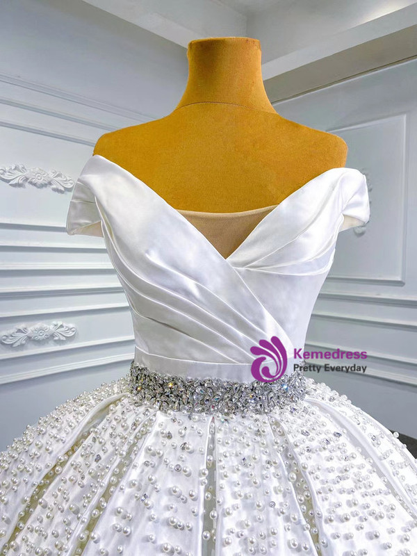 White Ball Gown Satin Off the Shoulder Pearls Crystal Wedding Dress