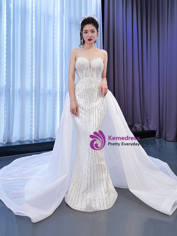 White Mermaid Tulle Sequins Beading Sweetheart Wedding Dress