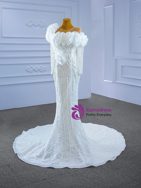 White Mermaid Pearls Long Sleeve Wedding Dress
