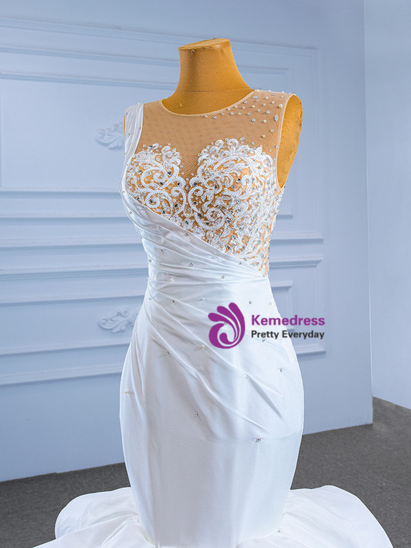 Sexy White Mermaid Pleats Beading Wedding Dress