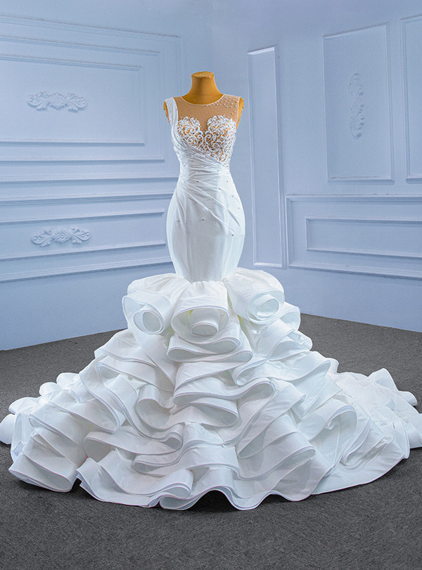 Sexy White Mermaid Pleats Beading Wedding Dress