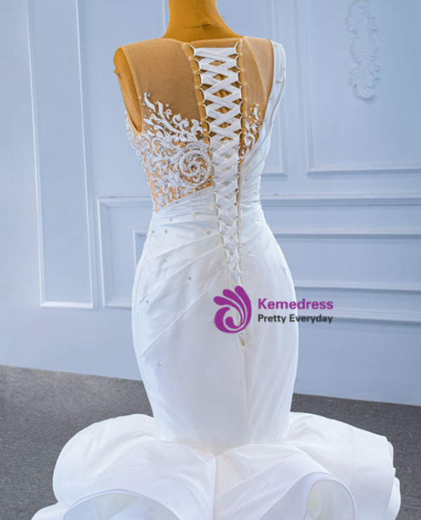 Sexy White Mermaid Pleats Beading Wedding Dress