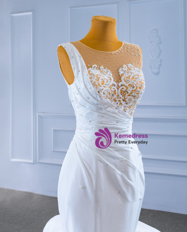 Sexy White Mermaid Pleats Beading Wedding Dress