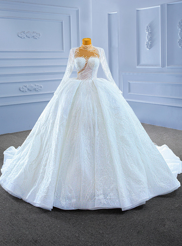 White Ball Gown Sequins High Neck Long Sleeve Wedding Dress