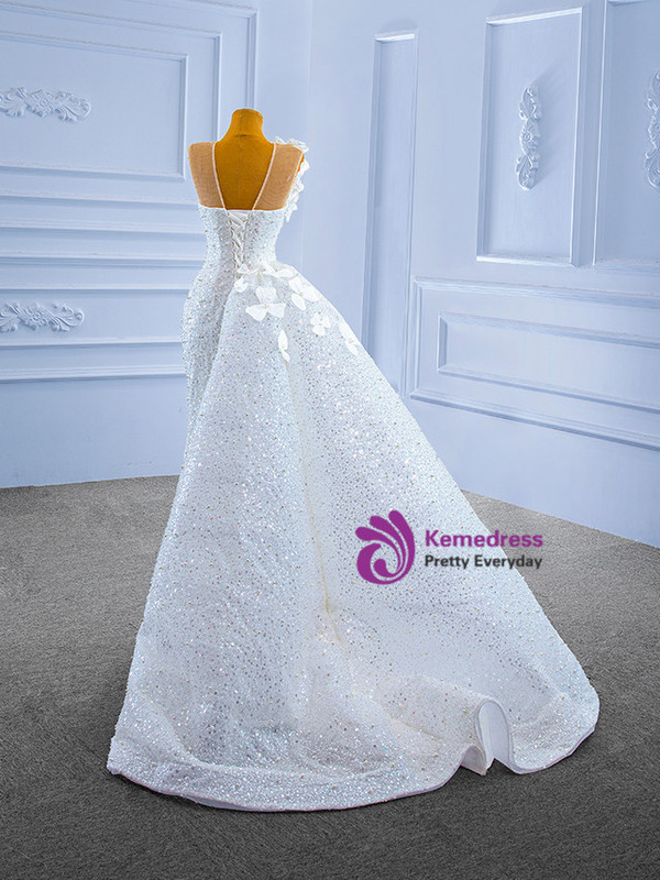 White Sequins Mermaid Pearls Flower Wedding Dress