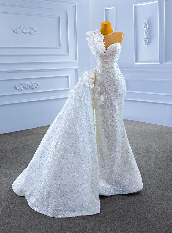 White Sequins Mermaid Pearls Flower Wedding Dress