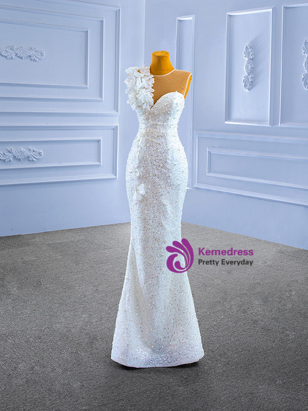 White Sequins Mermaid Pearls Flower Wedding Dress