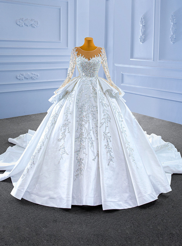 White Satin Long Sleeve Beading Sequins Pearls Wedding Dress