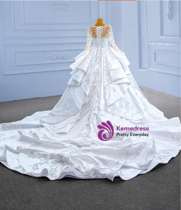 White Satin Long Sleeve Beading Sequins Pearls Wedding Dress