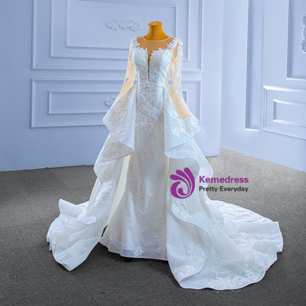 White Mermaid Tulle Lace Appliques Long Sleeve Wedding Dress