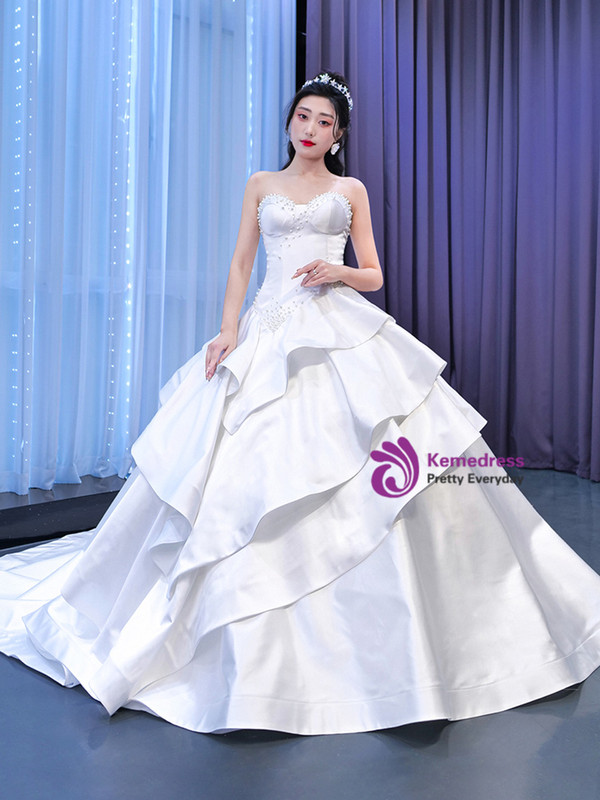 Ball Gown White Satin Pearls Wedding Dress