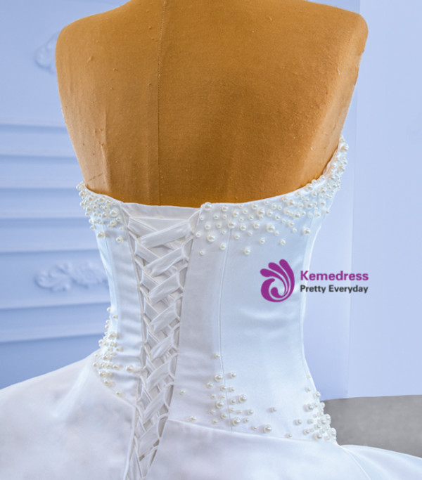 Ball Gown White Satin Pearls Wedding Dress